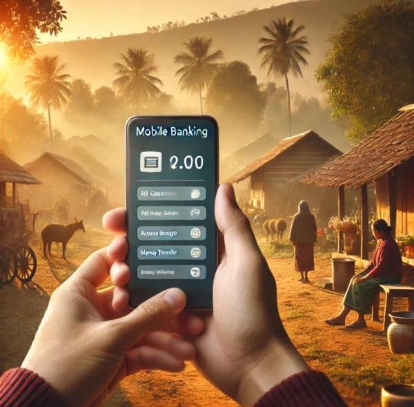 DALL·E 2024-10-04 11.08.44 - An image representing mobile banking in a rural area. Show a person holding a smartphone displaying a banking app interface in a village setting with