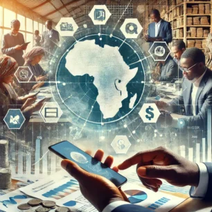 DALL·E 2024-09-24 11.21.19 - A modern, dynamic image representing financial inclusion and digital innovation in Niger. In the foreground, people using smartphones and tablets to a