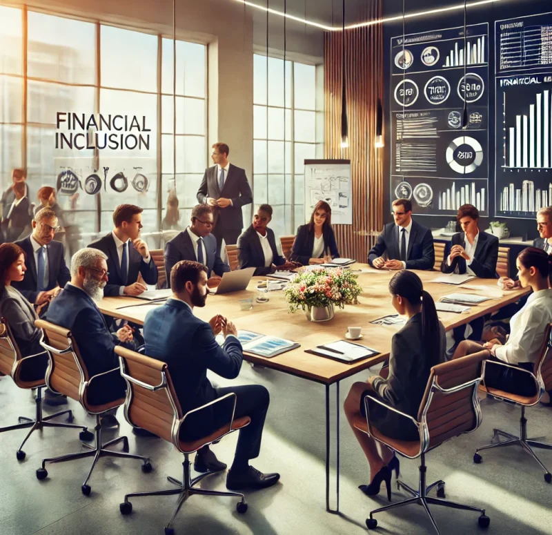 DALL·E 2024-10-04 11.45.49 - A professional meeting scene in an office setting, featuring representatives of a financial inclusion organization and financial institutions. The roo